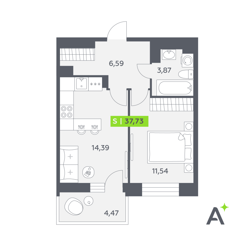 1 ккв 37,7 м²