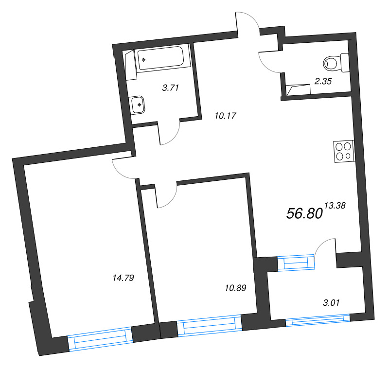 2 ккв 56,8 м²