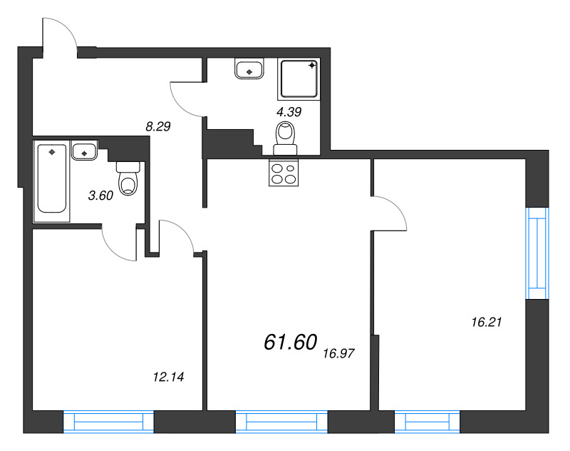 3 ккв (Евро) 61,6 м²