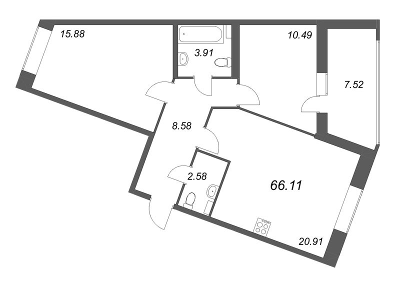 3 ккв (Евро) 66,1 м²