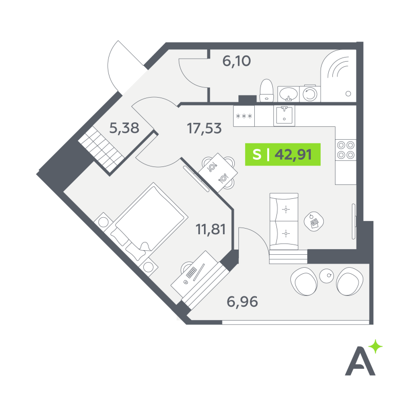 2 ккв (Евро) 42,9 м²