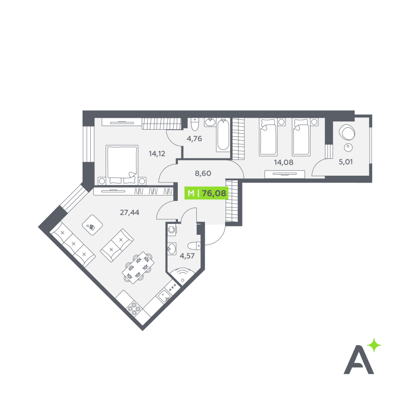 3 ккв (Евро) 76,1 м²