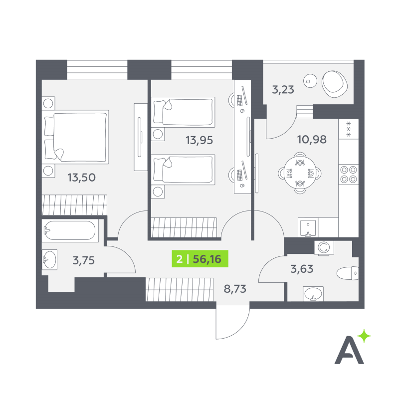 2 ккв 56,2 м²