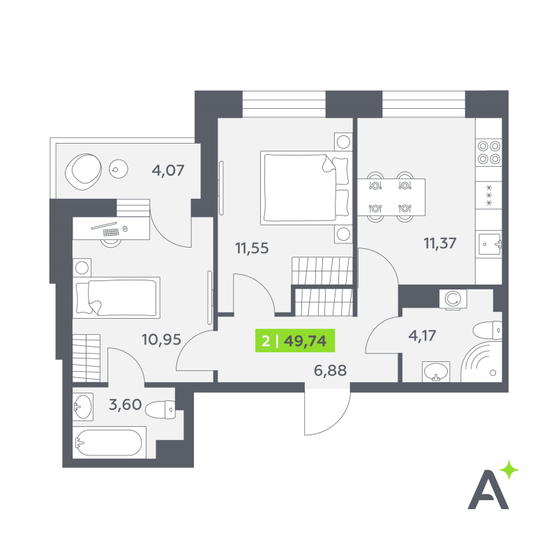 2 ккв 49,7 м²