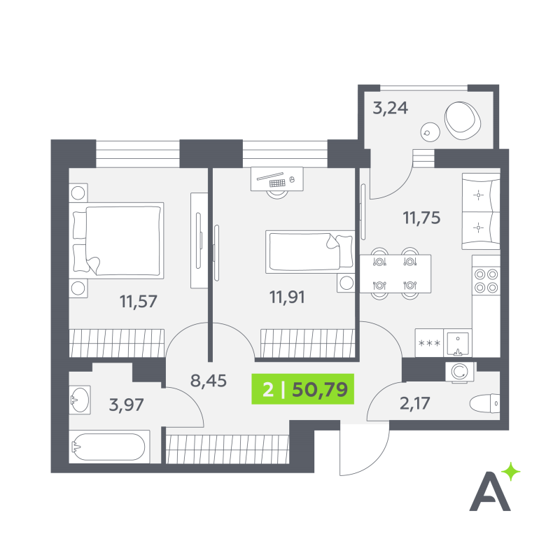 2 ккв 50,8 м²