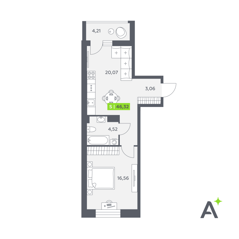 2 ккв (Евро) 46,3 м²