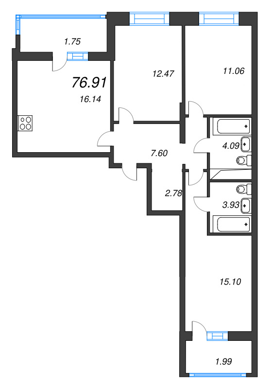3 ккв 76,9 м²