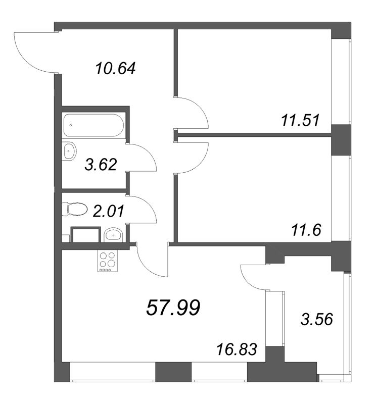 3 ккв (Евро) 58 м²