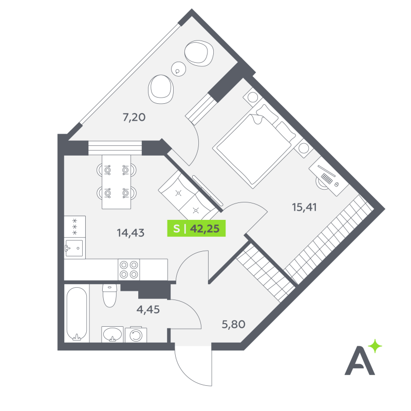 1 ккв 42,3 м²