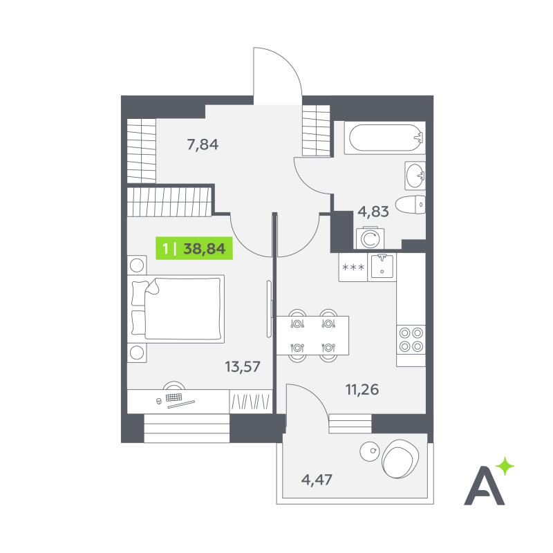 1 ккв 38,8 м²