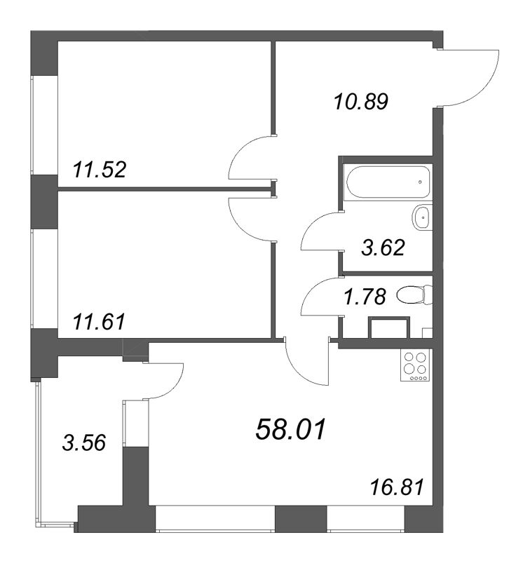 3 ккв (Евро) 58 м²
