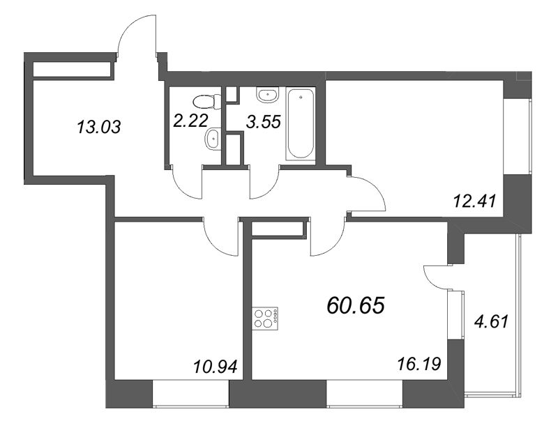 3 ккв (Евро) 60,7 м²