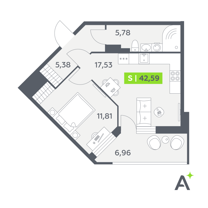 2 ккв (Евро) 42,6 м²