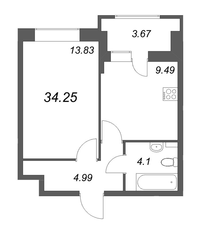1 ккв 34,3 м²