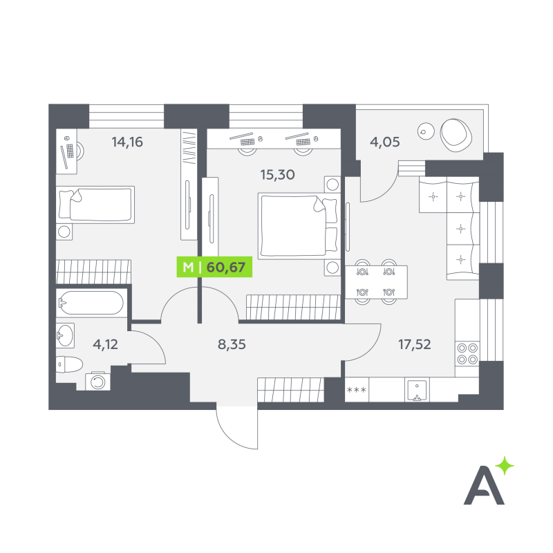 3 ккв (Евро) 60,7 м²