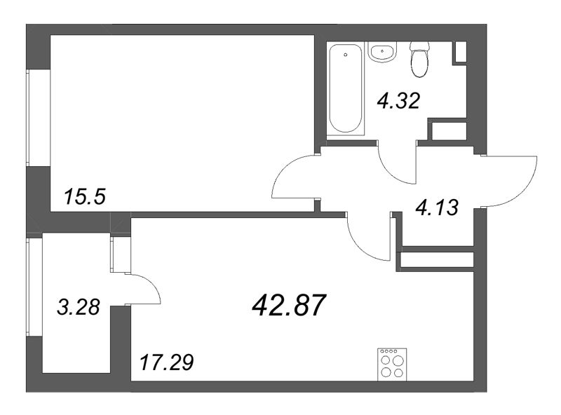 2 ккв (Евро) 42,9 м²