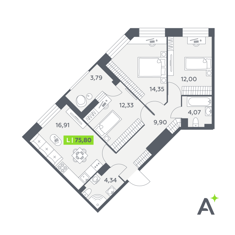 4 ккв (Евро) 75,8 м²