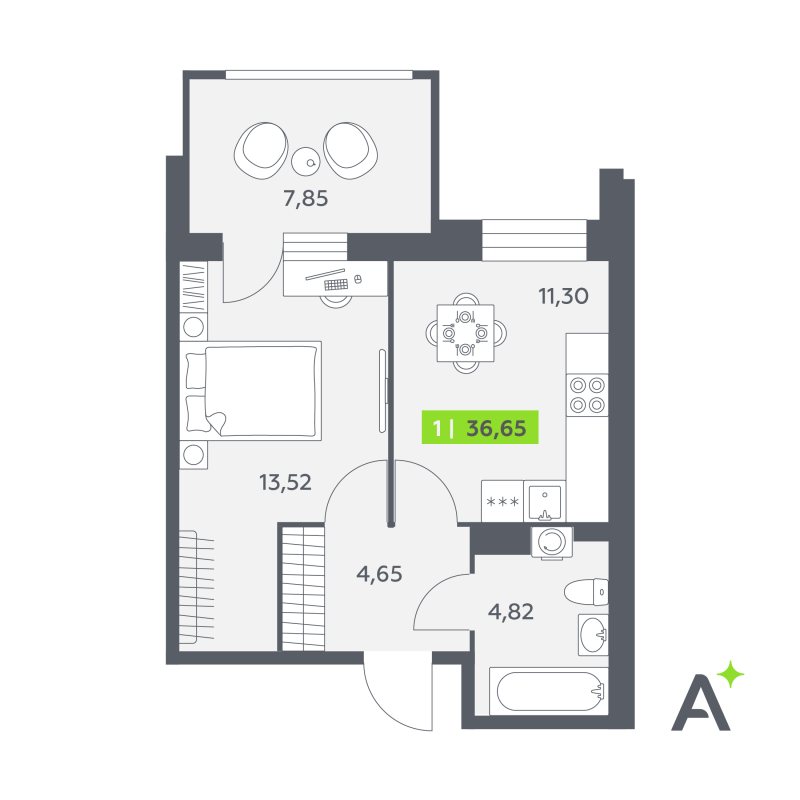 1 ккв 36,7 м²