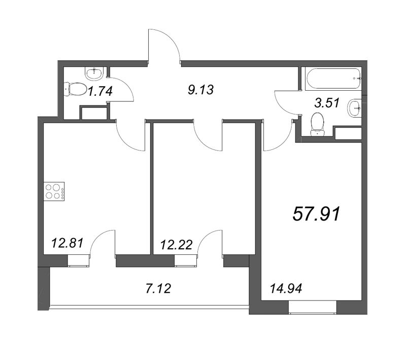 3 ккв (Евро) 57,4 м²