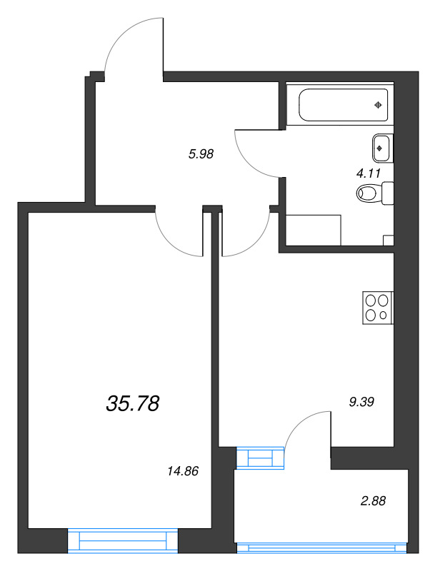 1 ккв 35,8 м²