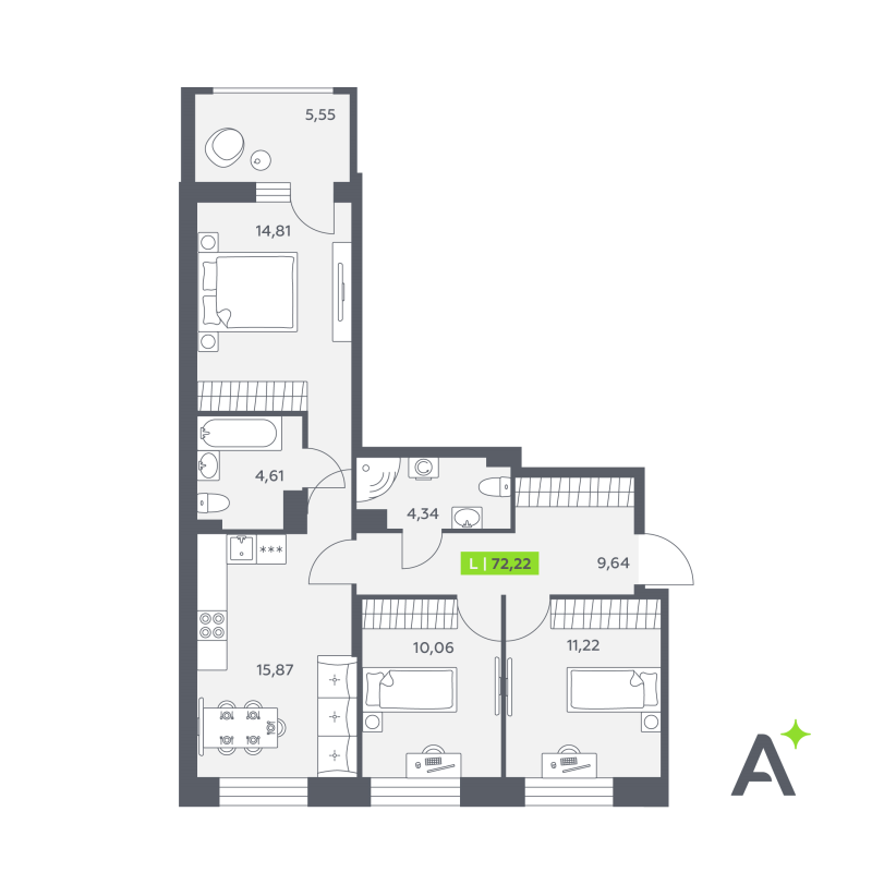 4 ккв (Евро) 72,2 м²