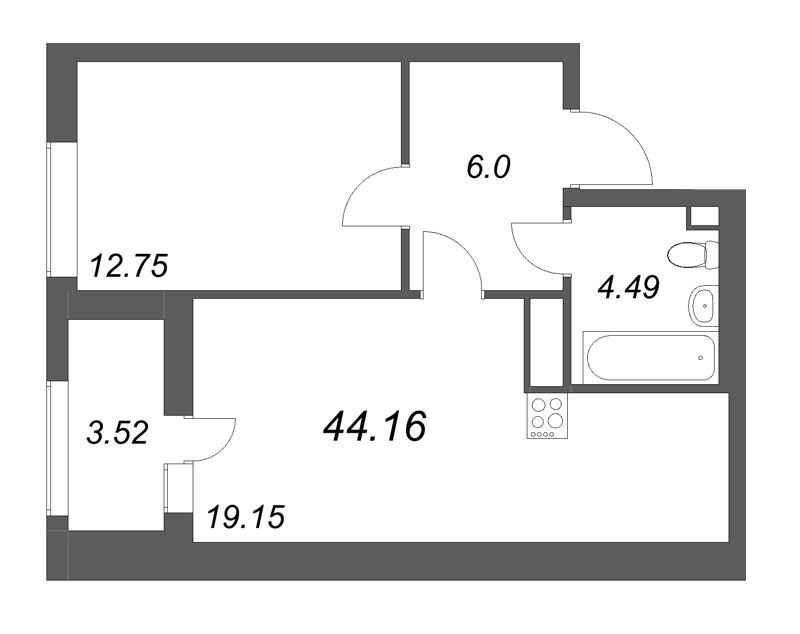 2 ккв (Евро) 44,2 м²