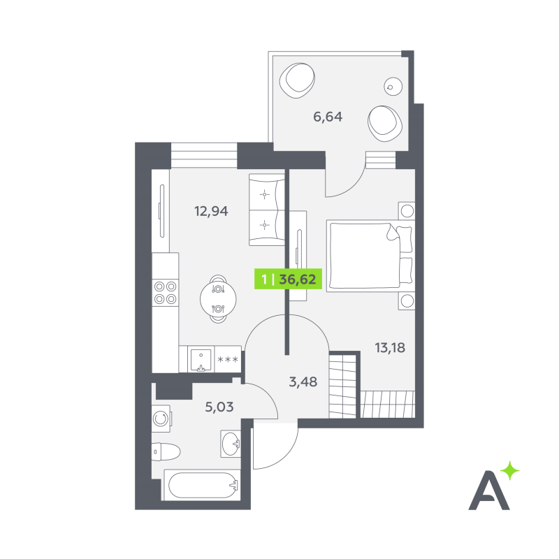 1 ккв 36,6 м²