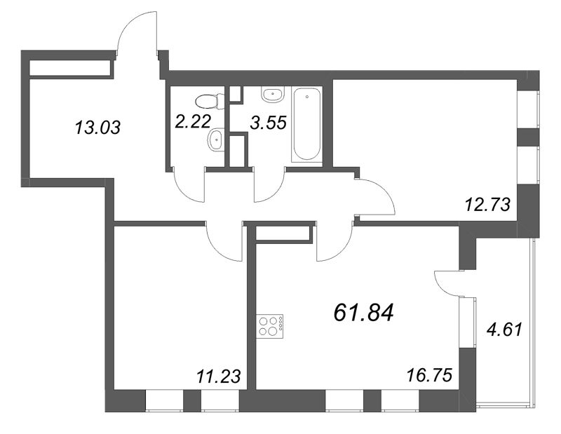 3 ккв (Евро) 61,8 м²