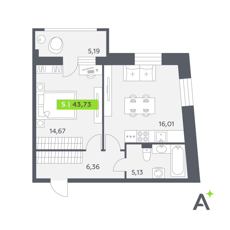 2 ккв (Евро) 43,7 м²