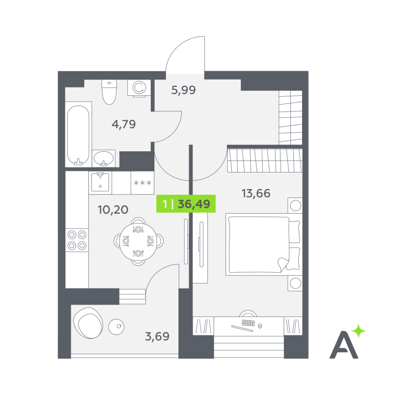 1 ккв 36,5 м²