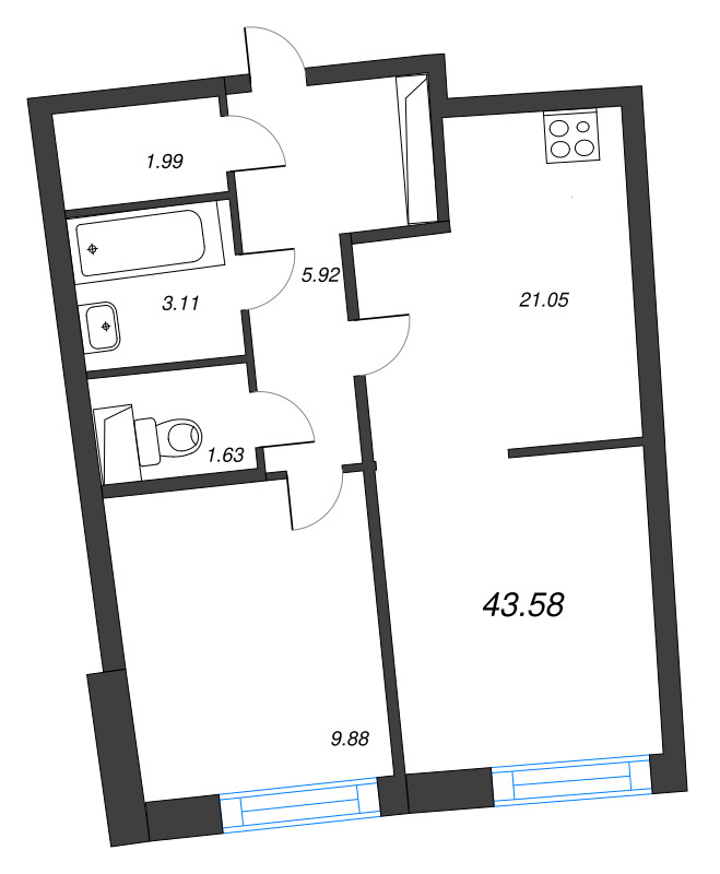 2 ккв (Евро) 43,6 м²