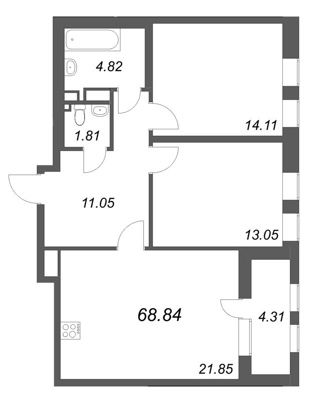 3 ккв (Евро) 68,8 м²