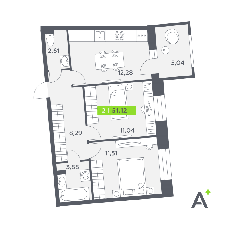 2 ккв 51,1 м²
