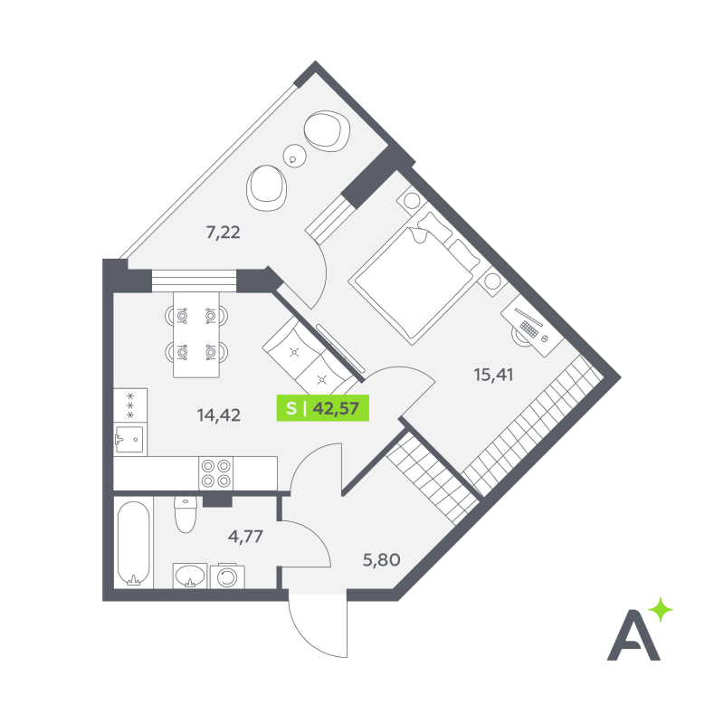 1 ккв 42,6 м²
