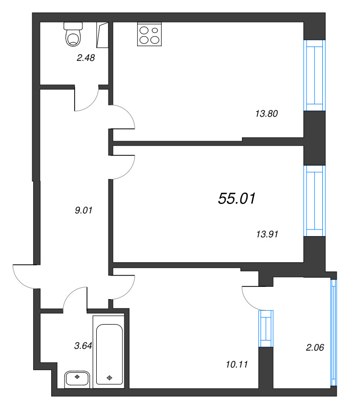 2 ккв 55 м²