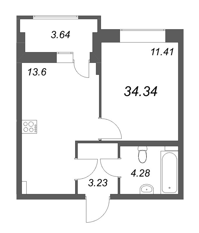 1 ккв 34,3 м²