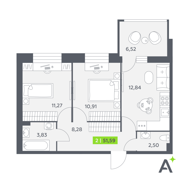 2 ккв 51,6 м²
