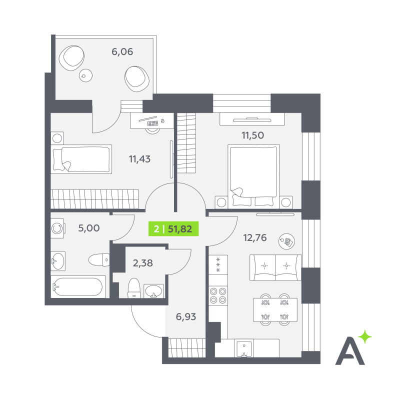 2 ккв 51,8 м²