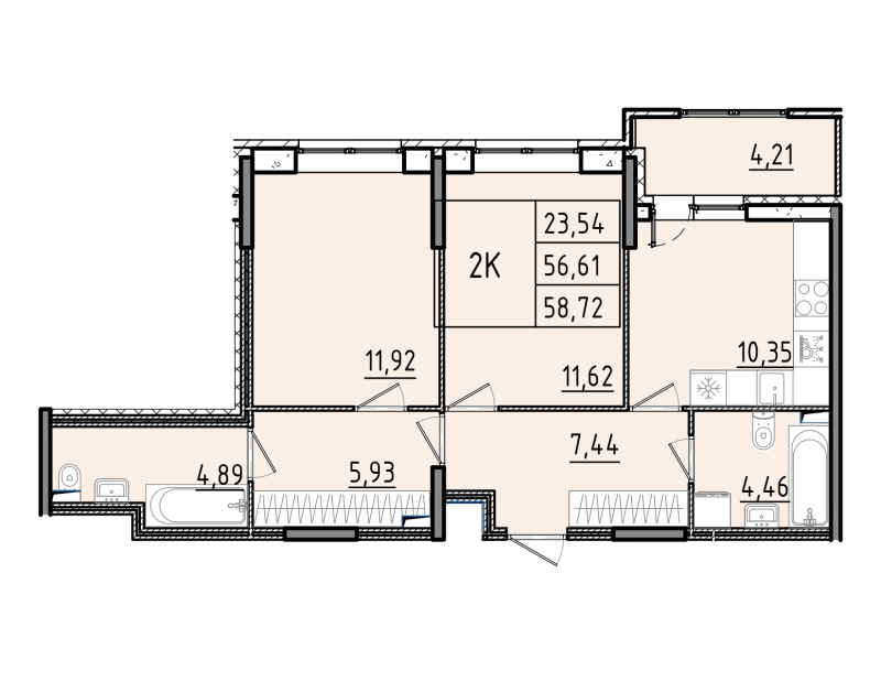 2 ккв 58,7 м²