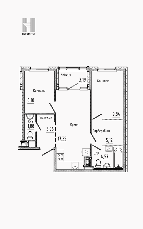 3 ккв (Евро) 52,4 м²