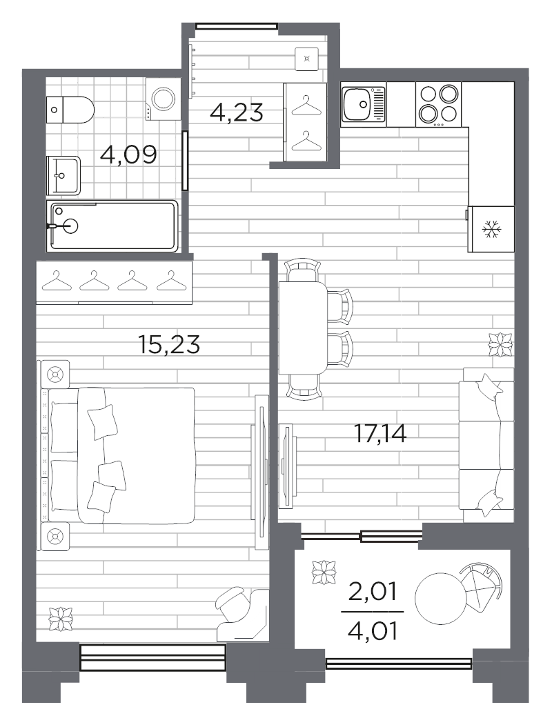 2 ккв (Евро) 42,7 м²