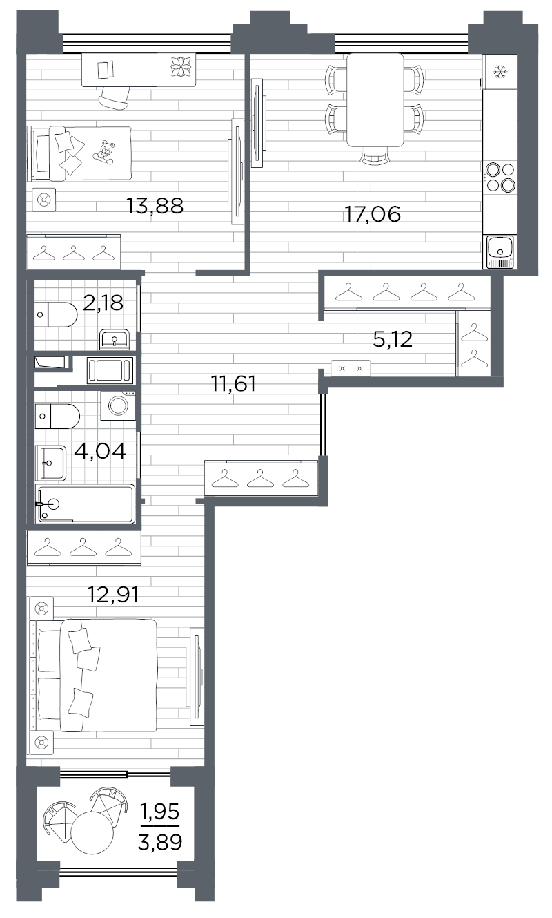 3 ккв (Евро) 68,8 м²
