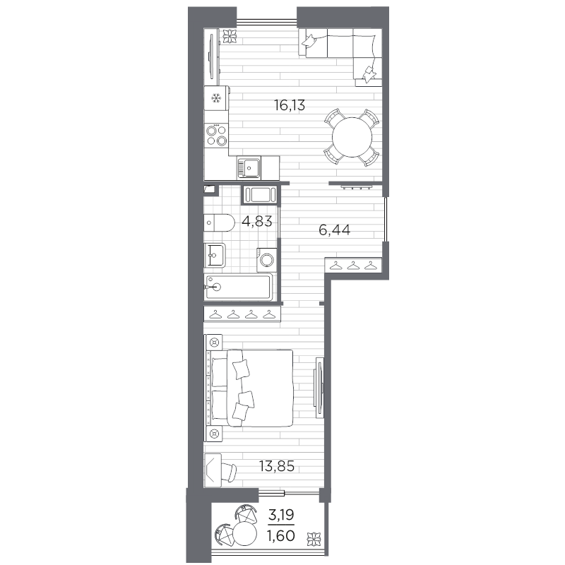 2 ккв (Евро) 42,9 м²
