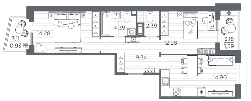2 ккв 60,1 м²