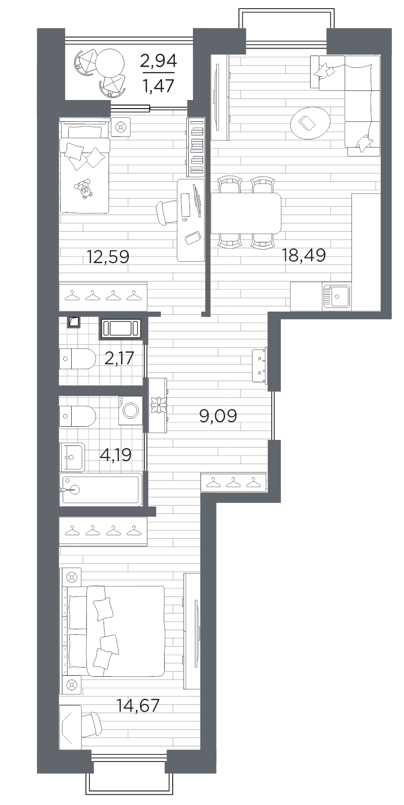 3 ккв (Евро) 62,7 м²