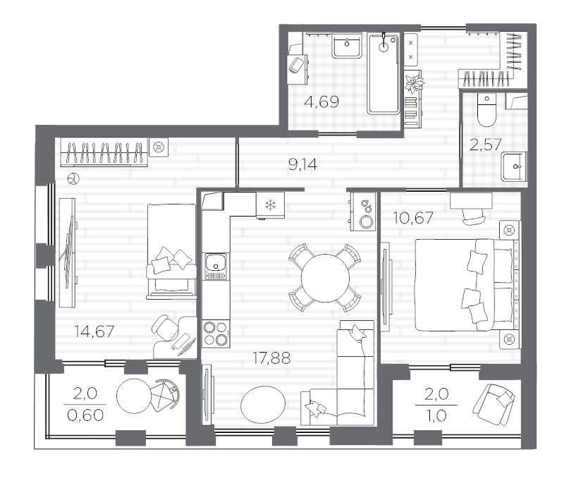 3 ккв (Евро) 61,2 м²