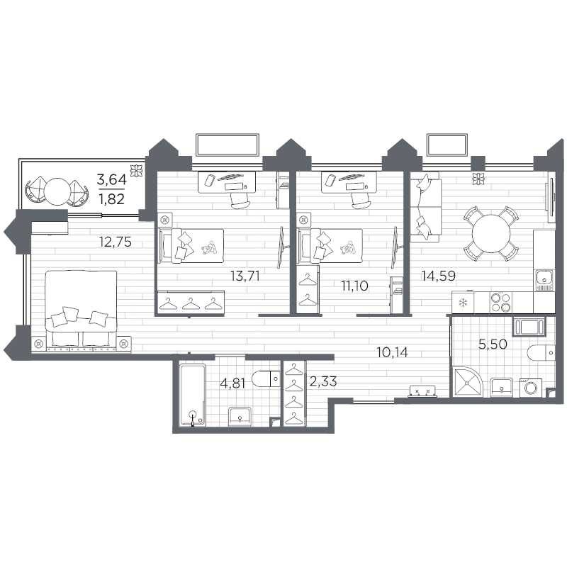 3 ккв 76,8 м²