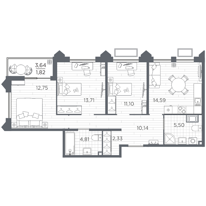 3 ккв 76,8 м²