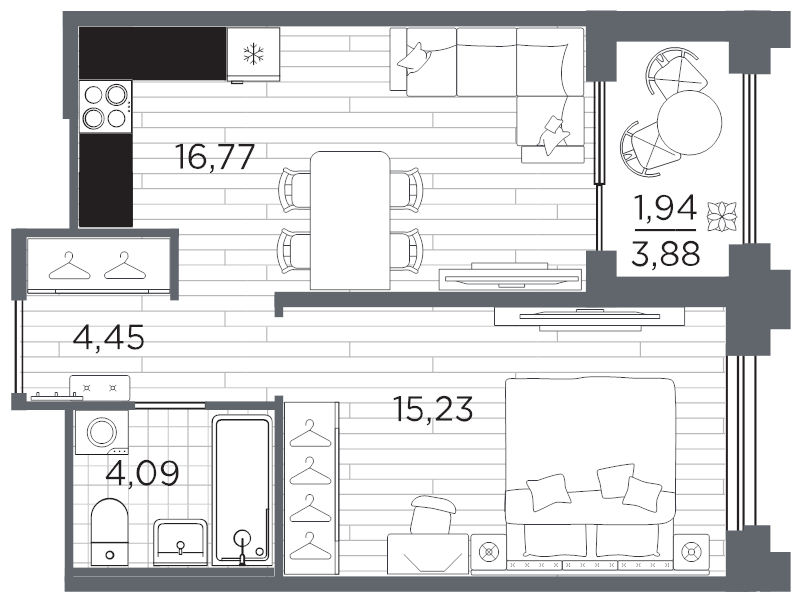 2 ккв (Евро) 42,5 м²