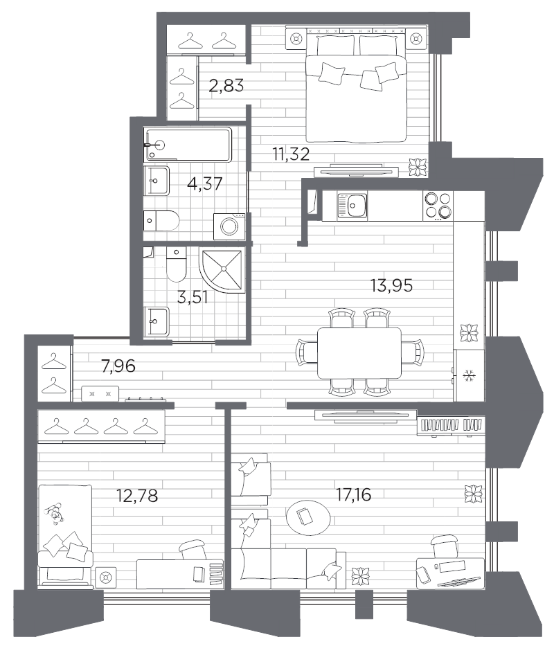 3 ккв 73,9 м²